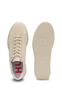 Faux-leather lace-up trainers with logo detail, Beige
