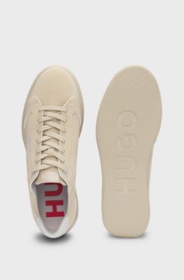Faux-leather lace-up trainers with logo detail, Beige