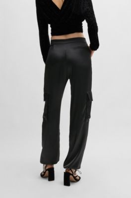 Fakanhui Cargobroek voor dames, baggy, satijn, casual, hoge taille, goud, zilver, party, club, streetwear, broek, Zwart, S