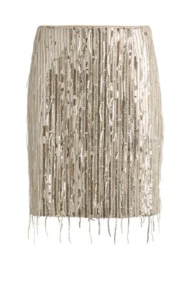 Mini skirt with sequined fringing and hidden zip, Gold