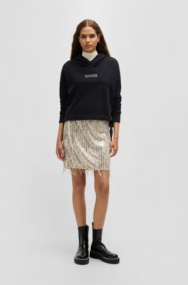 Mini skirt with sequined fringing and hidden zip, Gold