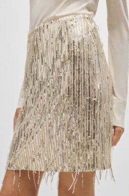Mini skirt with sequined fringing and hidden zip, Gold