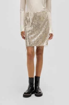 Mini skirt with sequined fringing and hidden zip, Gold
