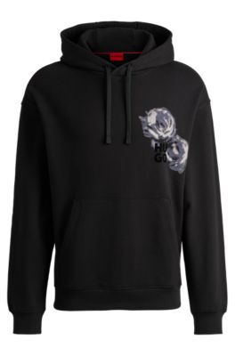 HUGO - Cotton-terry hoodie with floral and logo prints - Black
