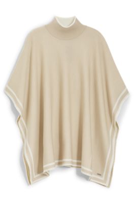 Reversible poncho in virgin wool with striped border, Light Beige