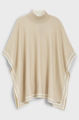 Reversible poncho in virgin wool with striped border, Light Beige