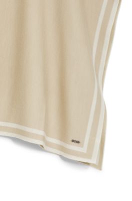 Reversible poncho in virgin wool with striped border, Light Beige