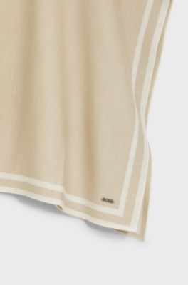 Reversible poncho in virgin wool with striped border, Light Beige