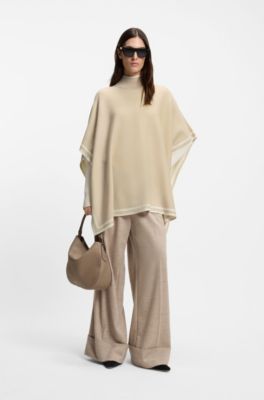 Reversible poncho in virgin wool with striped border, Light Beige