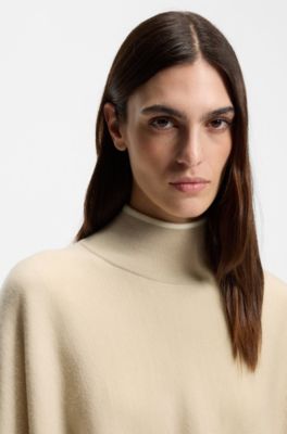 Reversible poncho in virgin wool with striped border, Light Beige