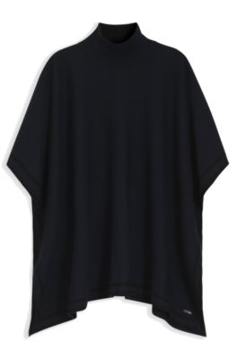 Reversible poncho in virgin wool with striped border, Dark Blue