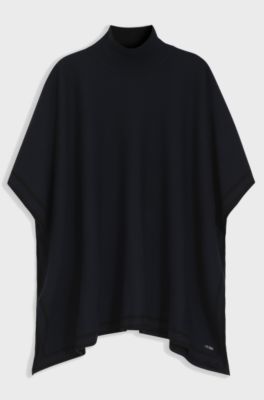 Reversible poncho in virgin wool with striped border, Dark Blue