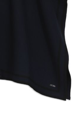 Reversible poncho in virgin wool with striped border, Dark Blue