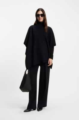 Reversible poncho in virgin wool with striped border, Dark Blue