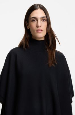 Reversible poncho in virgin wool with striped border, Dark Blue