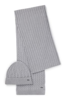 Gift-boxed wool-blend scarf and hat set, Light Grey