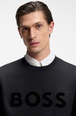 Cotton-terry sweatshirt with flock-print logo, Black