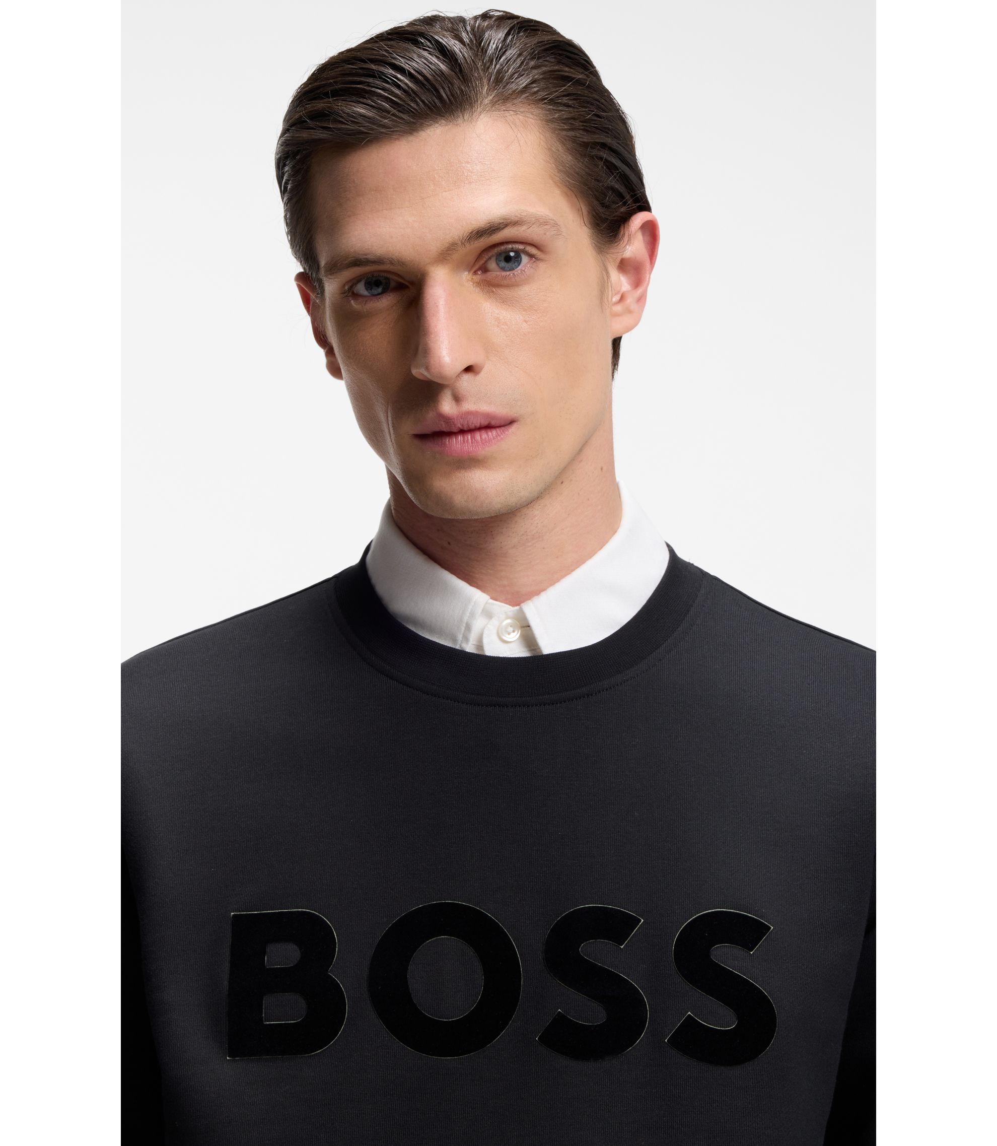 BOSS - Cotton-terry sweatshirt with flock-print logo - Black