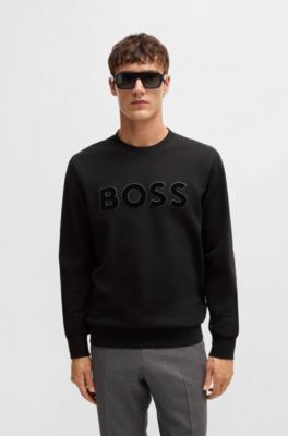 Cotton-terry sweatshirt with flock-print logo, Black