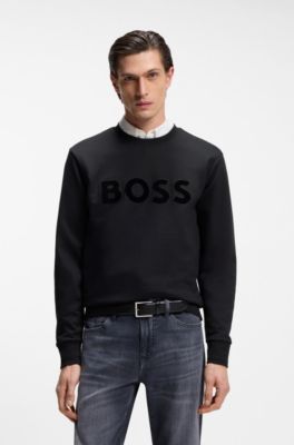 Cotton-terry sweatshirt with flock-print logo, Black