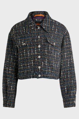 Cropped tweed jacket with branded buttons, Patterned
