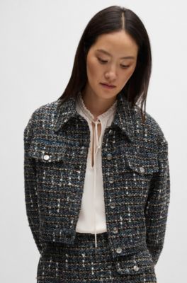 Cropped tweed jacket with branded buttons, Patterned