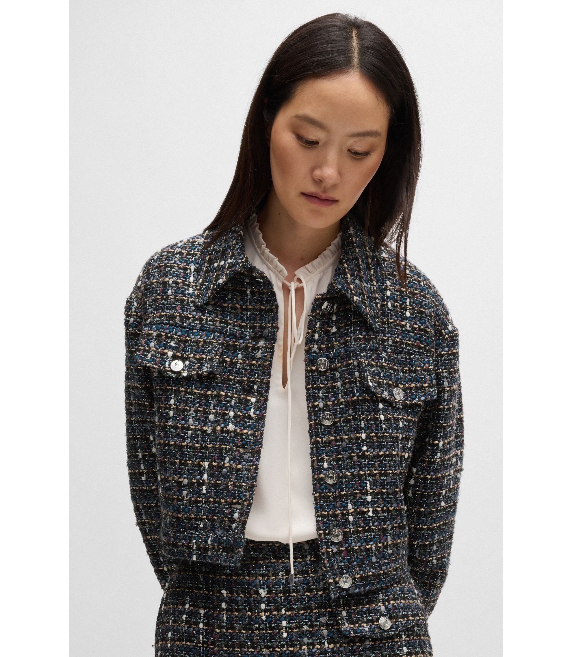 BOSS - クロップド ツイードジャケット ロゴボタン - パターン