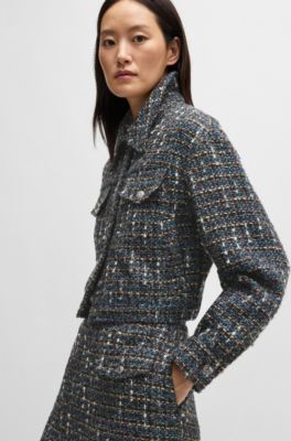 Cropped tweed jacket with branded buttons, Patterned
