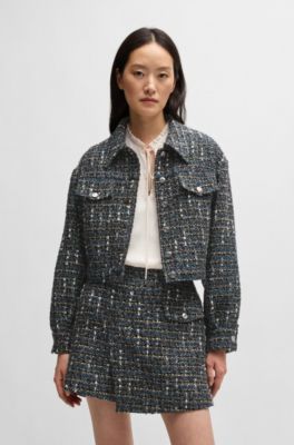 Cropped tweed jacket with branded buttons, Patterned