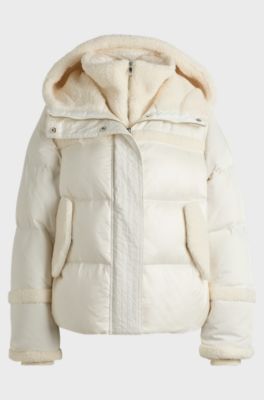 Water-repellent down jacket with teddy trims, White