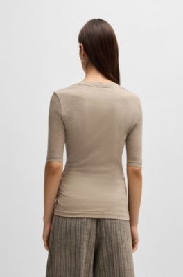 Scoop-neck top in wool and cotton, Beige