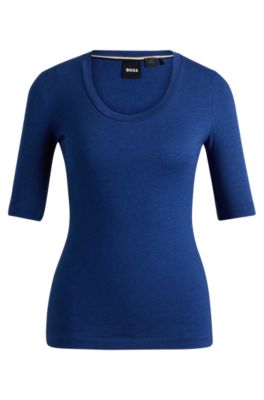 Scoop-neck top in wool and cotton, Blue