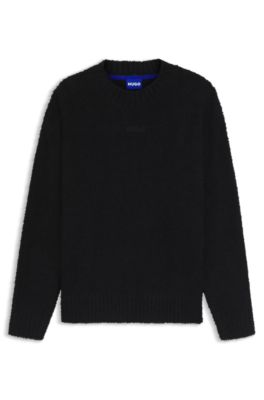 Boucl&eacute;-knit sweater with embroidered logo, Black