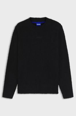Boucl&eacute;-knit sweater with embroidered logo, Black