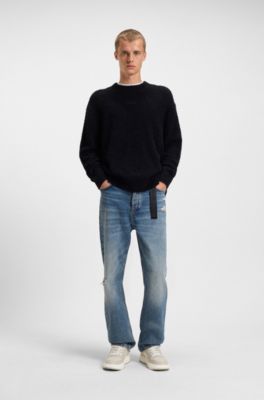 Boucl&eacute;-knit sweater with embroidered logo, Black