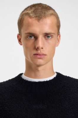 Boucl&eacute;-knit sweater with embroidered logo, Black