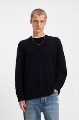 Boucl&eacute;-knit sweater with embroidered logo, Black