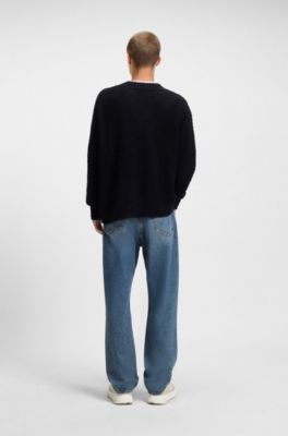 Boucl&eacute;-knit sweater with embroidered logo, Black