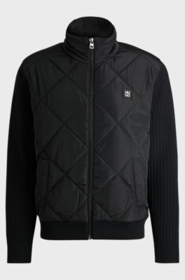 Mixed-material jacket with quilted front panel, Black