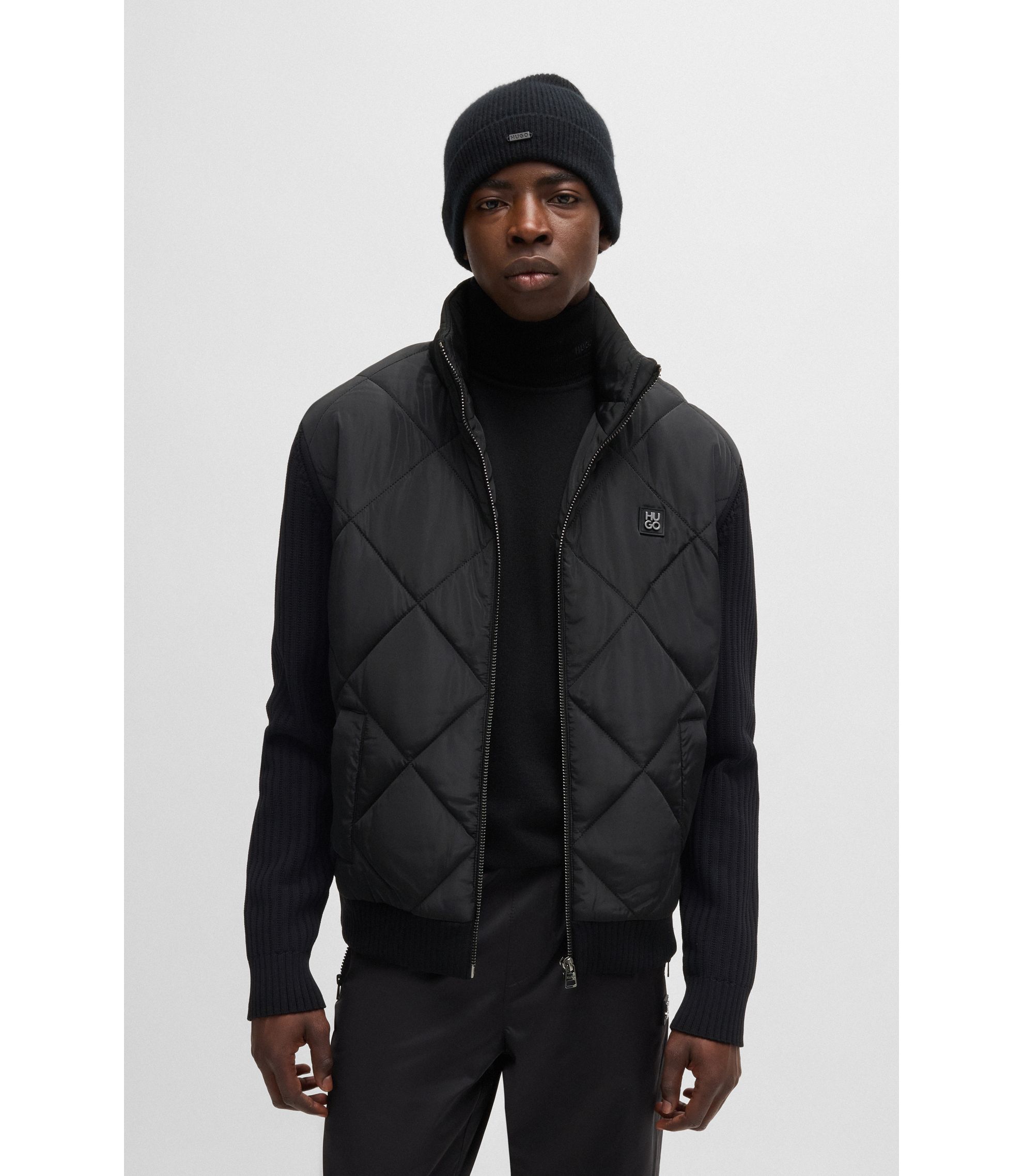 HUGO - Mixed-material jacket with quilted front panel - Black