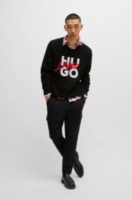 Cotton relaxed-fit sweater with double logo, Black