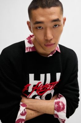 Cotton relaxed-fit sweater with double logo, Black