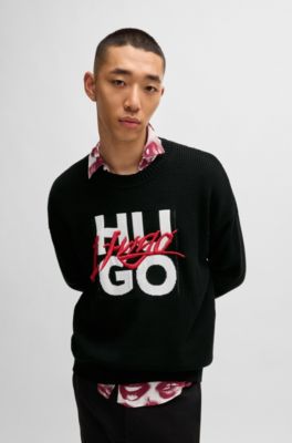 Cotton relaxed-fit sweater with double logo, Black