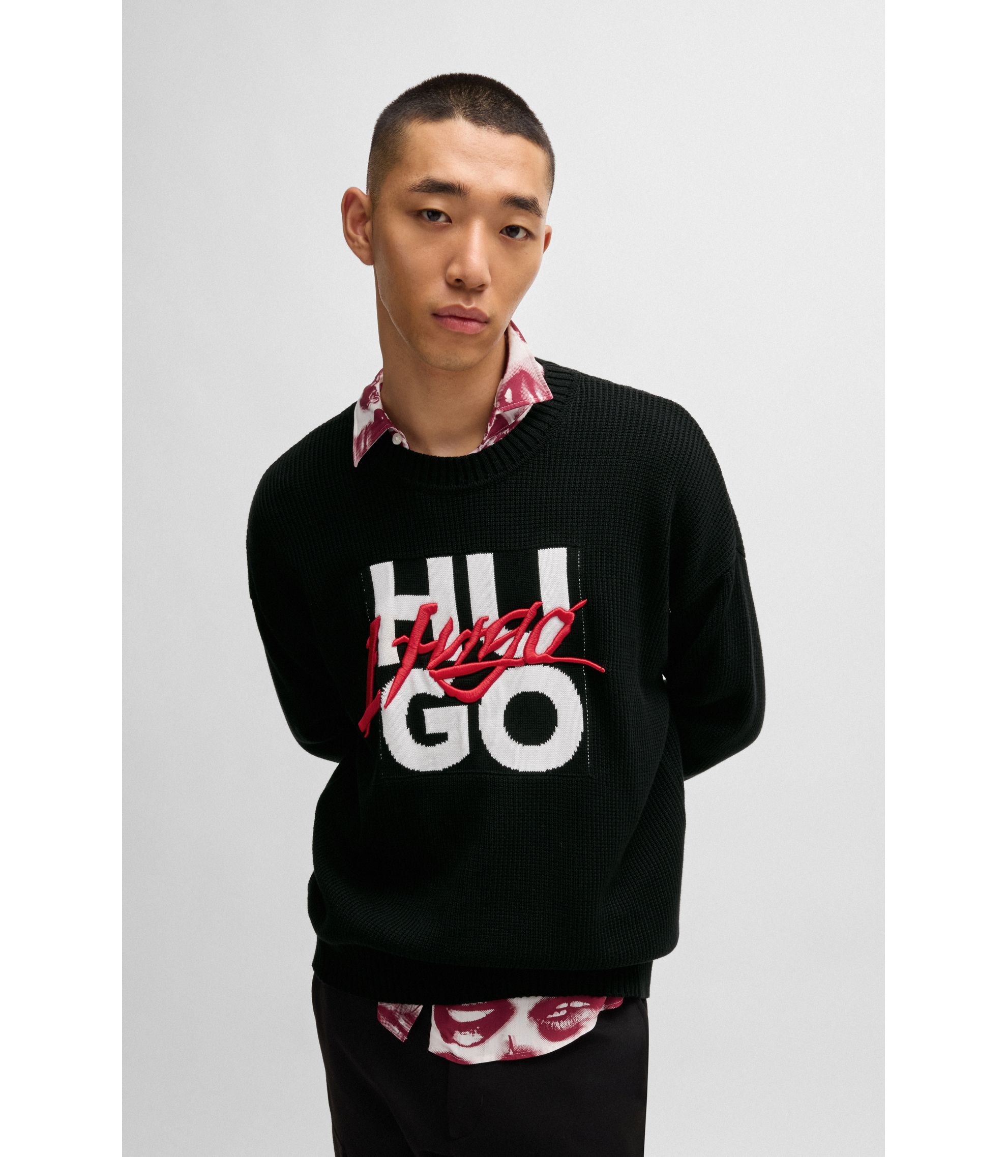 HUGO - Cotton relaxed-fit sweater with double logo - Black