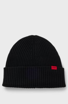 Virgin-wool beanie hat with logo label, Black