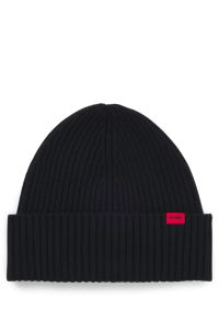 Geribde beanie van scheerwol met logolabel, Zwart