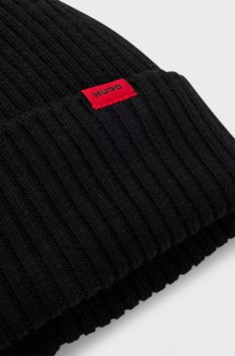 Virgin-wool beanie hat with logo label, Black
