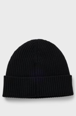 Virgin-wool beanie hat with logo label, Black