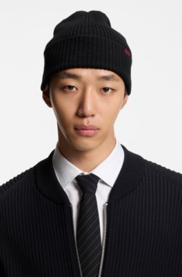 Virgin-wool beanie hat with logo label, Black
