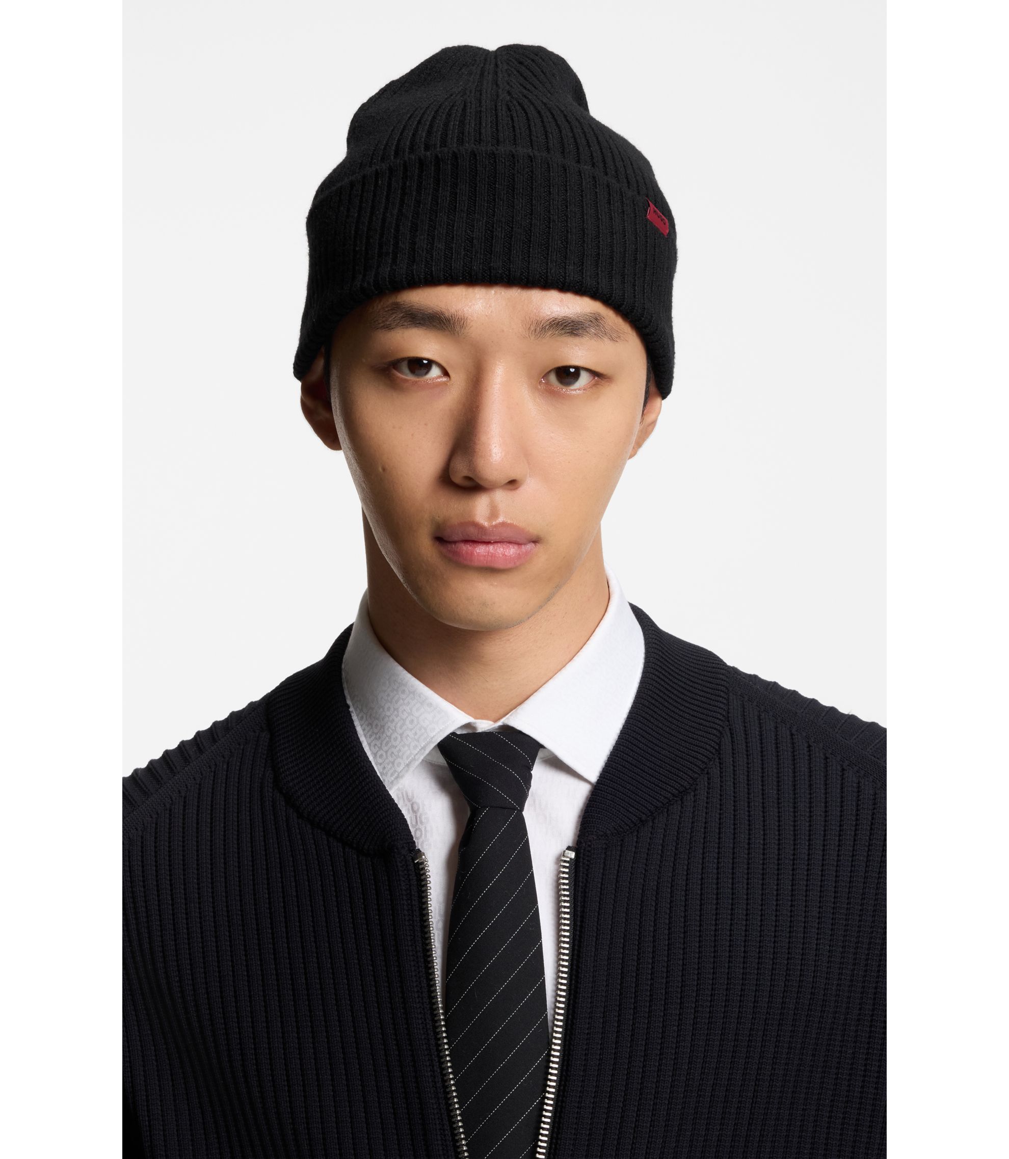 HUGO - Virgin-wool beanie hat with logo label - Black